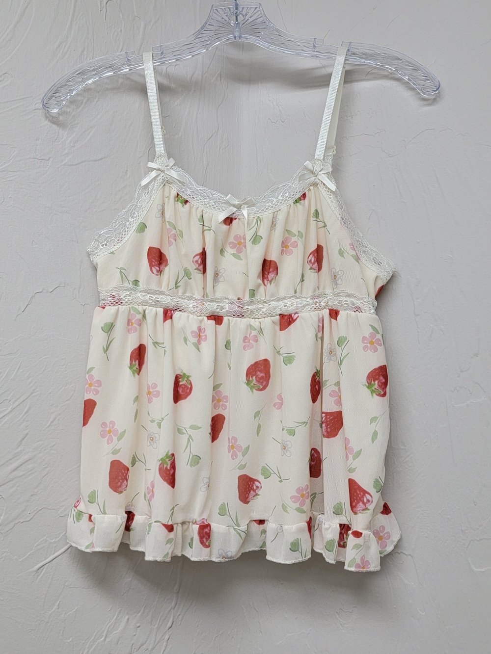 Babydoll Ivory Lace Crop Cami Tank Top Sheer Coquette Strawberry Romantic Y2k L